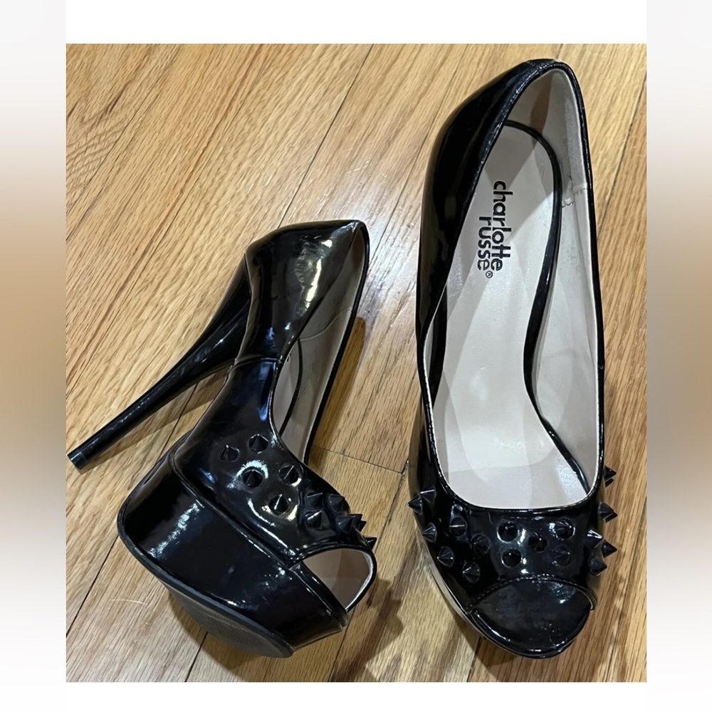 CHARLOTTE RUSSE  SPIKED Open TOE BLACK  5.5 “ STILETTO HEELS. SZ. 7 VIntage
